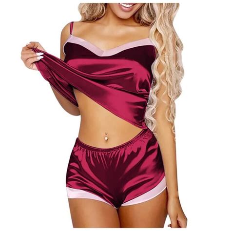 Femmes Sexy Lingerie V Tements De Nuit Satin Soie Babydoll Lace Up Nightwear Pyjamas Set