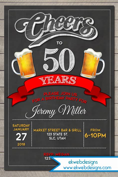 Cheers To 50 Years Birthday Invitation Cheers And Beers Adult Birth