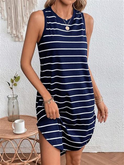 SHEIN LUNE Striped Print Curved Hem Tank Dress SHEIN USA