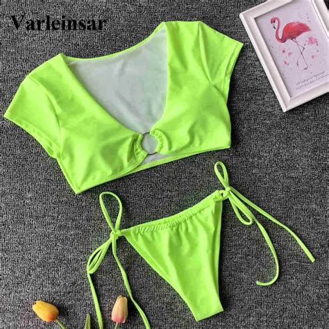 NEW Neon Green Bikini Female Swimsuit Women Swimwear Two Pieces Bikini Set Short Sleeve