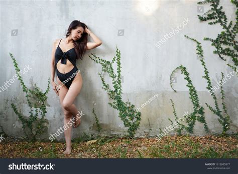 Beautiful Sexy Woman Black Bikini Dress Stock Photo