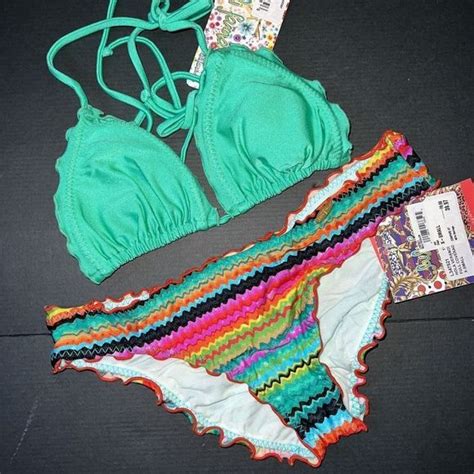 Luli Fama Swim Luli Fama Xs Bikini Hola Verano Jade Shimmer Chevron Green Teal Pink Red