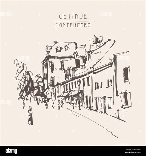 sepia hand drawing of Cetinje street - ancient capital in Monten Stock ...