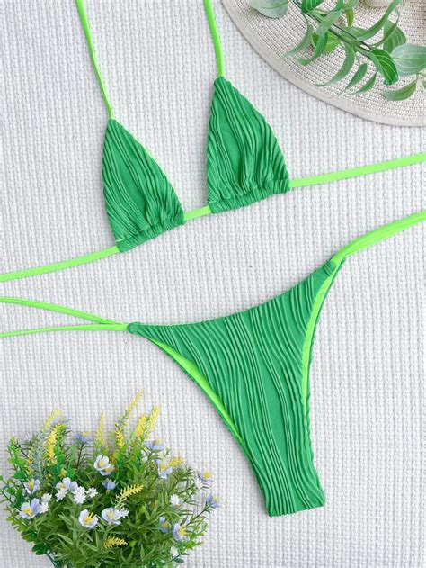 Sexy Ribbed Green Bikini Set Women Solid Push Up Bra Triangle Swimsuit Brazilian Bathing