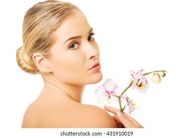 Sensual Portrait Nude Woman Orchid Flower Stock Photo