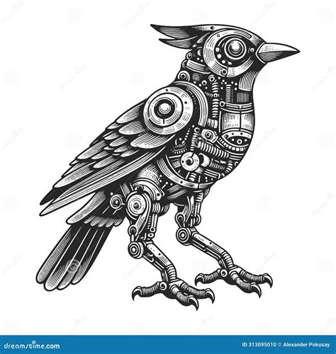 Steampunk Mechanical Bird Engraving Raster Stock Illustration