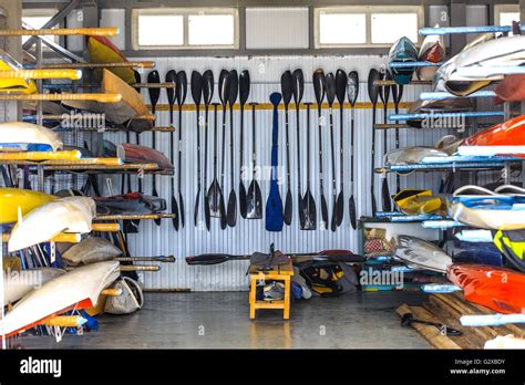 Warehouse For Storage Of Boats Canoes And Kayaks Paddle Stock Photo