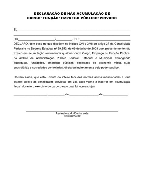 Declaracao De Nao Acumulacao De Cargo Modelo 01 Pdf