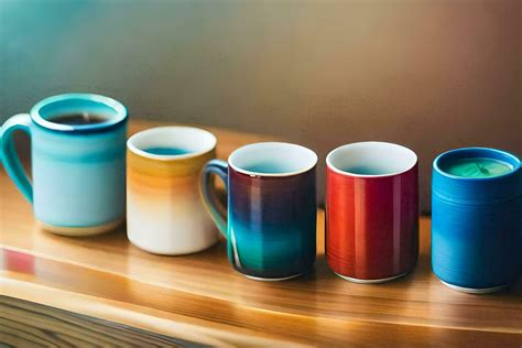 five different colored coffee mugs lined up on a table. AI-Generated