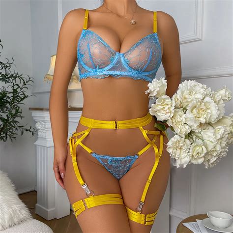 Yimunancy Piece Contrast Color Lingerie Sett Women Fancy Floral Embroidery Transparent Erotic