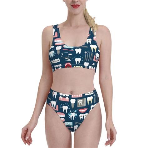 Adobk Dental Seamless Print Women High Waisted Bikini Set Sports Swimsuit Bathing Suit Large