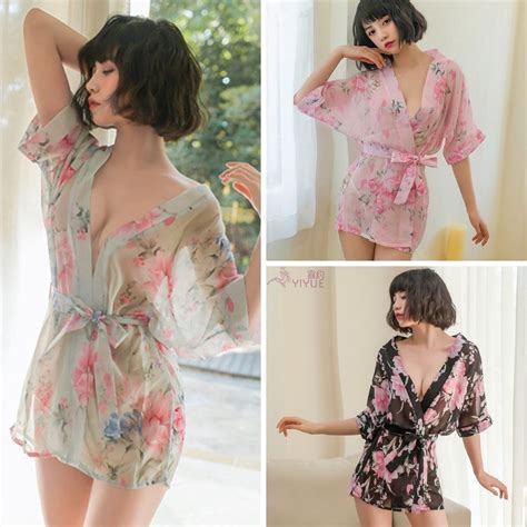 Ready Stock Chiffon Floral Robe Sleepwear Sexy Lingerie Japanese Kimono Costume Baju Tidur