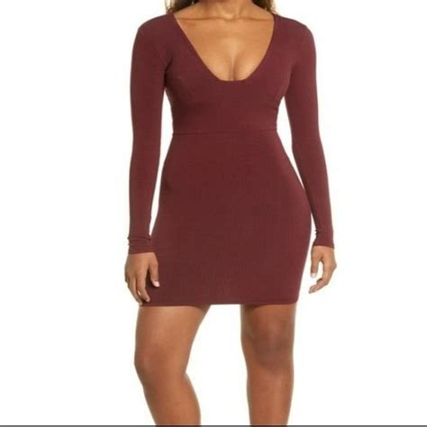 Naked Wardrobe Low V Neck Long Sleeve Ribbed Bodycon Maroon Mini Dress M