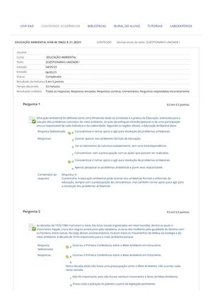 Educação Ambiental Questionário Unidade II Revisar envio do teste