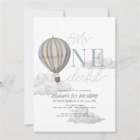 Mr Onederful Blue Hot Air Balloon St Birthday Invitation Zazzle