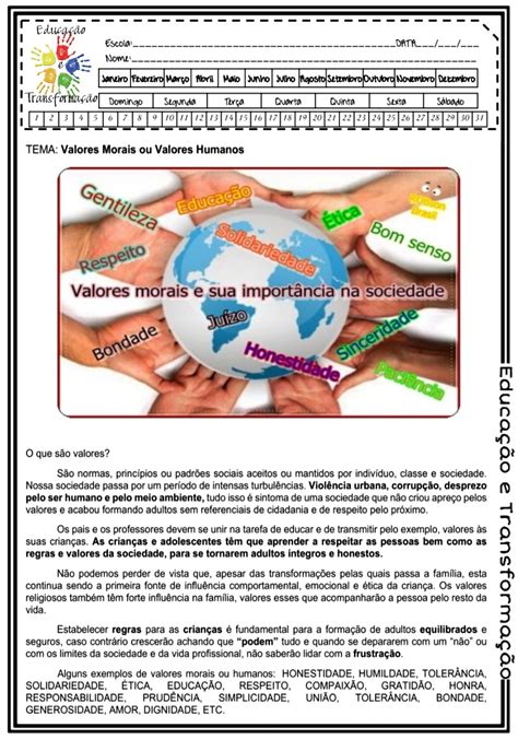 Textos Reflexivos Sobre Valores Humanos Com Atividades E Gabarito
