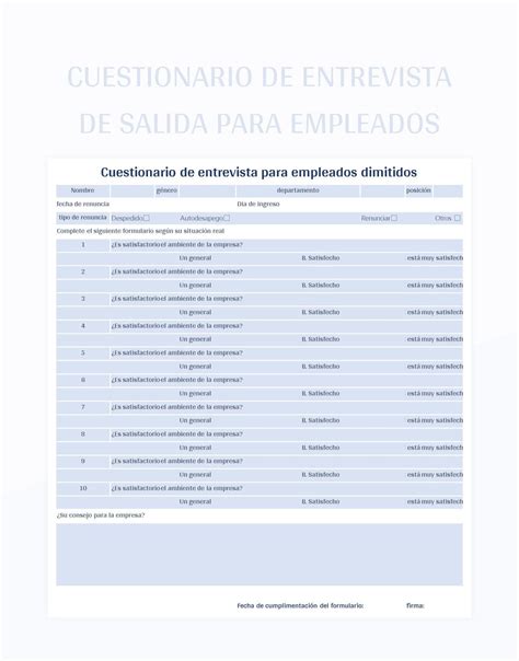 Plantilla De Excel Cuestionario De Entrevista De Salida Para Empleados