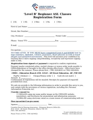 Fillable Online Level B Beginner Asl Classes Registration Form Fax