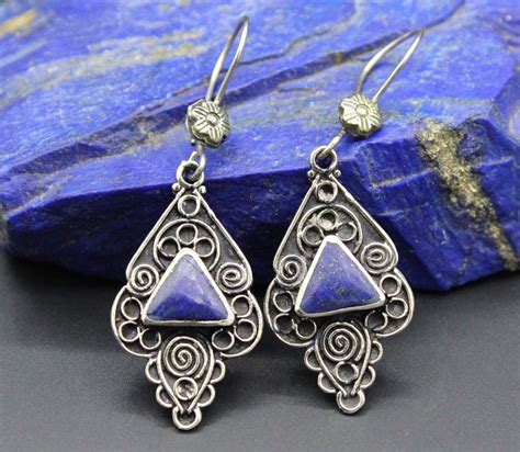 Afghan Turkmen Traditional Alpaka Lapis Lazuli Stone Earrings Leaf