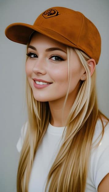 Premium AI Image Portrait Of A Beautiful Blonde Girl In A Baseball Cap On A Gray Background