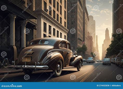 Vintage Car Driving through Urban Setting, with Towering Buildings in ...