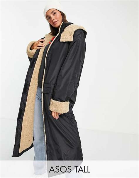 Asos Design Tall Borg Lined Maxi Rain Coat In Black Asos