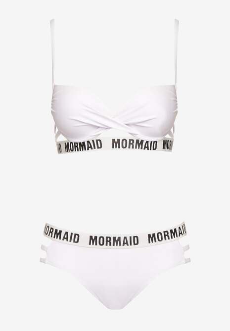 Białe Dwuczęściowe Bikini Biustonosz z Usztywnieniem Dół z Gumką i Ozdobnymi Paskami Timawre Renee