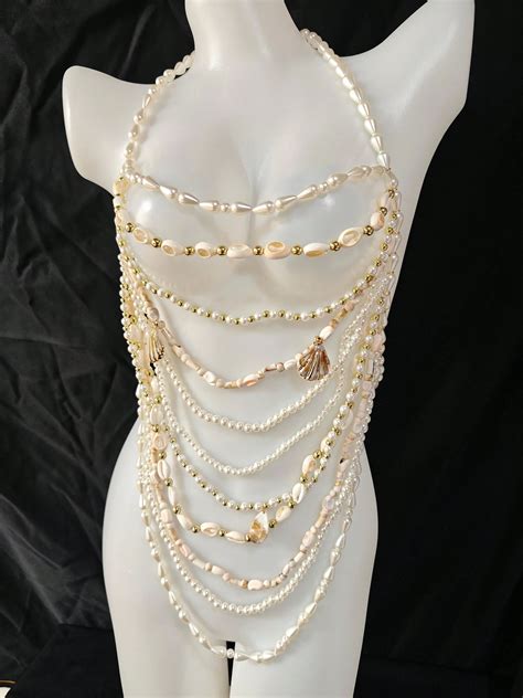 Long Pearl Chain Necklace Bra Sexy Women Beaded Shell Lingerie Goddess Style Versatile