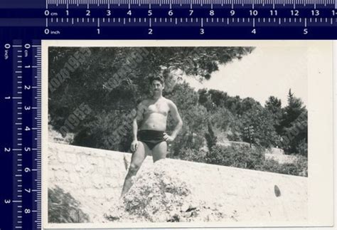Muscular Shirtless Man Male Physique Beach Gay Int Bulge Trunks Old Photo Orig EBay