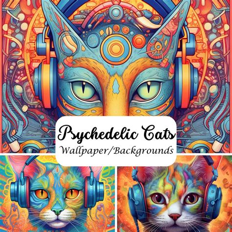 Psychedelic Cat Art Prints Wallpaper Bundle 3 Pack Backgrounds