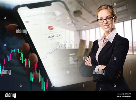 Executive Woman And Cell Phone With Economic Indicators Stock Photo Alamy