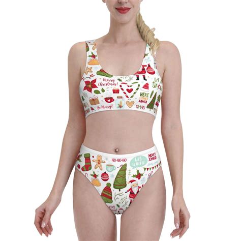 Adobk Snowflakes Santa Print Women High Waisted Bikini Set Sports Swimsuit Bathing Suit Large