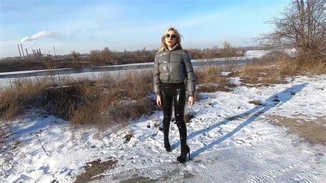 Blonde Milf Walking In Shiny Leggings And Puffer Jacket Xhamster