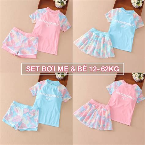 Bộ bơi cho bé gái mẹ 12 62kg set đồ bơi trẻ em người lớn bikini đi biển quần váy BƠI SKY