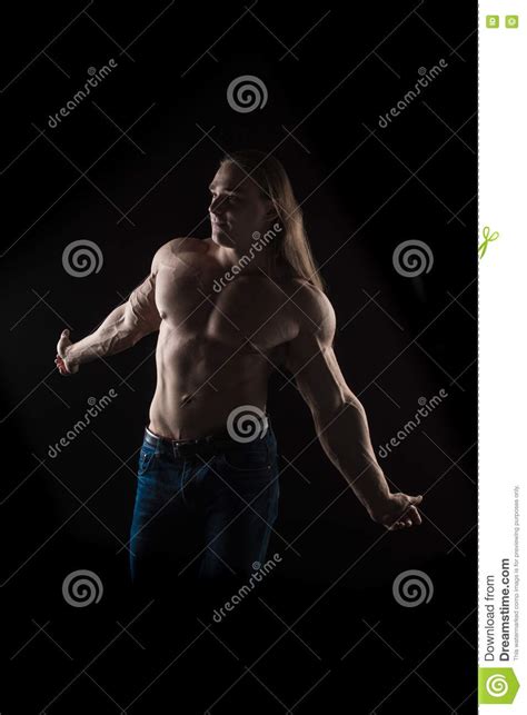 Naked Torso Male Bodybuilder Athlete With Long Blond Hair In Studio Stock Image Image Of