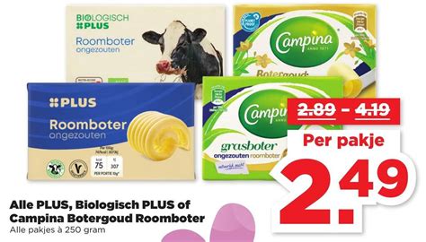 Biologisch Of Campina Botergoud Roomboter 250g Aanbieding Bij PLUS