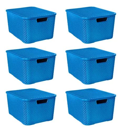 Caixa Pl Stica Organizadora Rattan C Tampa Lts Colorida Cor Azul