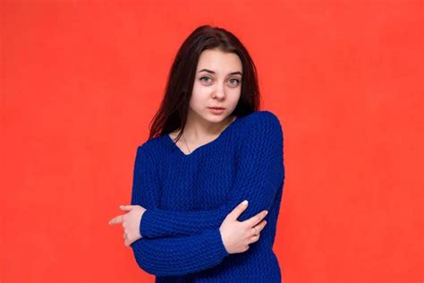 Cute Brunette Beautiful Girl Different Poses Shows Different Emotions Different Stock Photo By