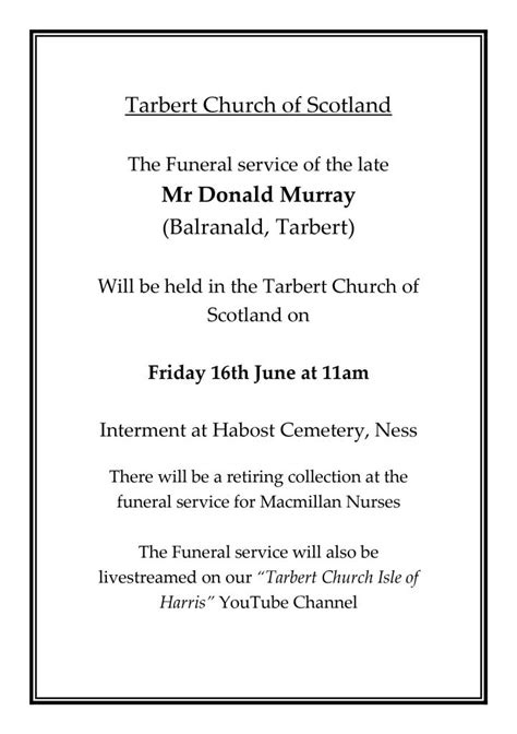 Funeral Notice Mr Donald Murray Tarbert Church Of Scotland