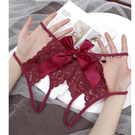 Jual Sexy Open G String Wanita Lingerie Perban Berongga Out Lace Bow Thong Celana Dalam Ukuran