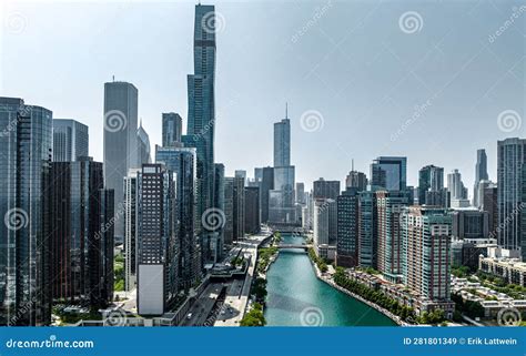 Downtown Chicago With Riverwalk Aerial View Chicago Usa June 06