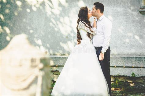 Stylish Gorgeous Happy Brunette Bride And Elegant Groom Kissing Stock Image Image Of Beautiful