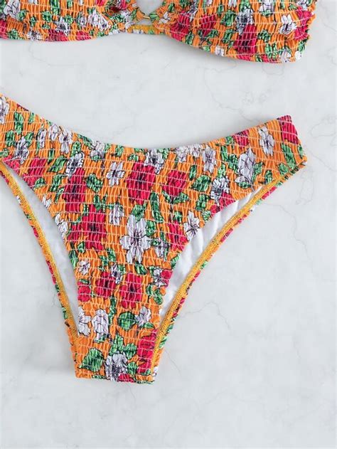 Shein Swim Mod Set Bikini Con Stampa Floreale Smocked O Ring Collegato Top A Fascia Cheeky