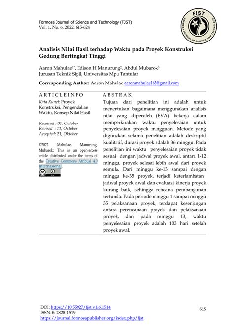 (PDF) Analisis Nilai Hasil terhadap Waktu pada Proyek Konstruksi Gedung