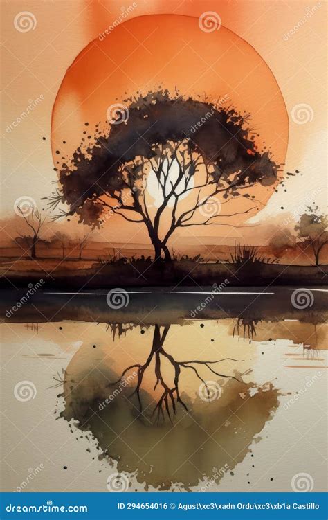 Watercolor Drawing of a Small Island at Sunset. Stock Photo - Image of ...