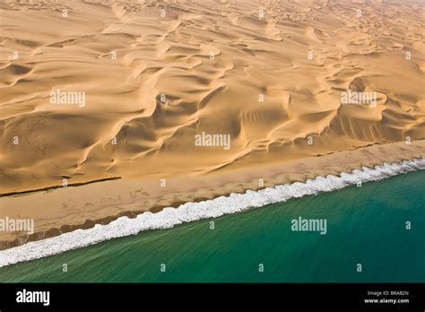 Aerial view of sand dunes and the atlantic coast, near Swakopmund ...