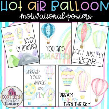 Hot Air Balloon Watercolor Classroom Theme Motivational Growth Mindset Posters Hot Air Balloon