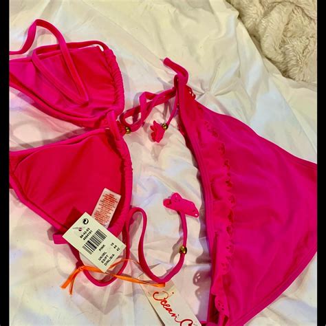 Neon Pink Triangle Top Bikini With Lace Ruffles And G Gem