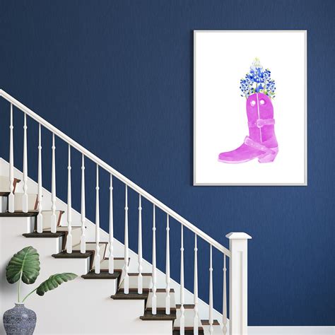 Pink Cowboy Boot With Bluebonnet Art Print Floral Cowgirl Etsy