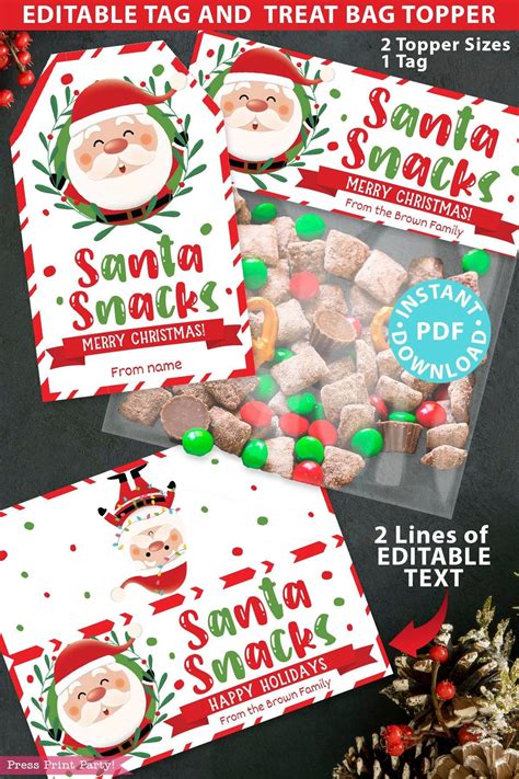 Santa Snacks Christmas Treat Bag Toppers And Tag Editable Classroom